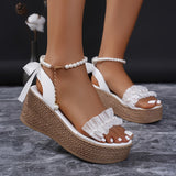 Xajzpa Chic Faux Pearl Wedge Sandals - Open Toe, Ankle Strap, Platform Heel in Solid Color