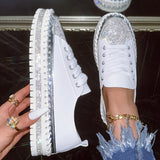 Glittering Rhinestone Women's Sneakers, Fashionable Platform Casual Shoes, Comfortable Versatile White Lace-up Flats