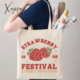 1Pc Cute Strawberry Pattern Tote Bag Casual Canvas Shopping Reusable Grocery Shoulder