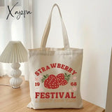 1Pc Cute Strawberry Pattern Tote Bag Casual Canvas Shopping Reusable Grocery Shoulder