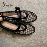 2024 Flat Rome Women Sandals Ballet Shoes Mesh Hollow Outs Mary Jane Loafers Studded Summer Walking