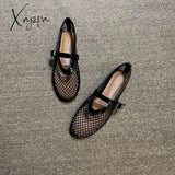 2024 Flat Rome Women Sandals Ballet Shoes Mesh Hollow Outs Mary Jane Loafers Studded Summer Walking