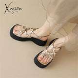 2024 New Square Toe Women Sandals Retro Genuine Leather Roman Casual Buckle Strap Summer Shoes