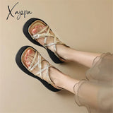 2024 New Square Toe Women Sandals Retro Genuine Leather Roman Casual Buckle Strap Summer Shoes