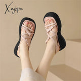 2024 New Square Toe Women Sandals Retro Genuine Leather Roman Casual Buckle Strap Summer Shoes