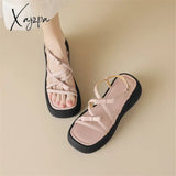 2024 New Square Toe Women Sandals Retro Genuine Leather Roman Casual Buckle Strap Summer Shoes