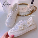 2024 New Thick-Soled White Shoes Daisy Canvas Low-Top 3Cm Internal Handmade Wedding Party Lace