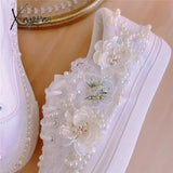 2024 New Thick-Soled White Shoes Daisy Canvas Low-Top 3Cm Internal Handmade Wedding Party Lace