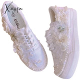 2024 New Thick-Soled White Shoes Daisy Canvas Low-Top 3Cm Internal Handmade Wedding Party Lace