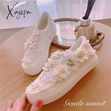 2024 New Thick-Soled White Shoes Daisy Canvas Low-Top 3Cm Internal Handmade Wedding Party Lace