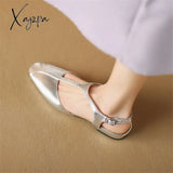 2024 New Women Sandals Split Leather Cover Toe Casual Buckle Strap Summer Shoes For Round Low Heel