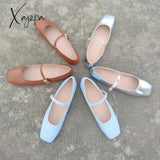 2024 Spring New Retro Women Flat Heel Shoes Fashion Square Toe Ladies Casual Mary Jane Slingback