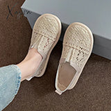 2024 Summer Women Lace Jacquard Loafers Woven Hollow Out Lazy Slip On Shoes Beach Breathable Walking Beach Travel Flat