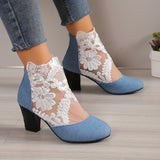 Women's Mesh Block Heel Boots, Fashion Floral Embroidered Back Zipper Heels, Versatile Dress Ankle Boots