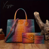 3-Piece Crocodile Print Handbag Set - Fashionable Vintage Style Multi-Functional Top Handle