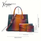 3-Piece Crocodile Print Handbag Set - Fashionable Vintage Style Multi-Functional Top Handle