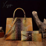 3-Piece Crocodile Print Handbag Set - Fashionable Vintage Style Multi-Functional Top Handle