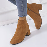 Women's Solid Color Block Heeled Ankle Boots, Side Zipper Short Boots, Women's Footwear