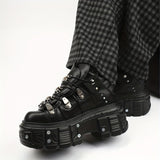 Xajzpa [Punk Shoes] Metallic Punk Shoes | Women Casual Platform, Men's Combat Sneakers, Metal Decor Rock Motorcycle Flats, Cross Tied Sneakers For Girls