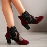 Women's Mesh Block Heel Boots, Fashion Floral Embroidered Back Zipper Heels, Versatile Dress Ankle Boots