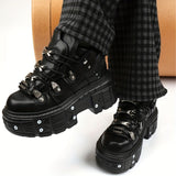 Xajzpa [Punk Shoes] Metallic Punk Shoes | Women Casual Platform, Men's Combat Sneakers, Metal Decor Rock Motorcycle Flats, Cross Tied Sneakers For Girls