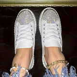 Glittering Rhinestone Women's Sneakers, Fashionable Platform Casual Shoes, Comfortable Versatile White Lace-up Flats