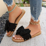 Xajzpa [Off-the-Shoulder Summer Sandals] Re Na Qian Qing Women's Summer Slide Sandals - Chic Off-the-Shoulder, Bowknot Design - Fabric Upper, Flat Heel, Open Toe, PU Sole, Handwash/Dry Clean