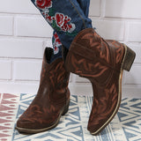 Women's V-cut Western Short Boots, Low Chunky Heel Pointed Toe Shoes, Solid Color Cowgirl Shoes