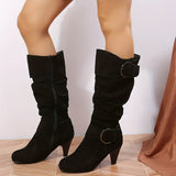 Women's Slouch Knee High Boots, Buckle Strap Side Zipper High Heeled Boots, Comfortable Suedette Long Boots