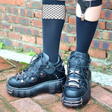 Xajzpa [Thick Bottom Platform Gothic Shoes] Women's Metal Decor Platform Sneakers Black Gothic Punk Shoes Lace Up Thick Bottom Flat Shoes Motorcycle Flats