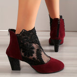 Women's Mesh Block Heel Boots, Fashion Floral Embroidered Back Zipper Heels, Versatile Dress Ankle Boots