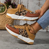 Women's Leopard Pattern Lace-up Chunky Sneakers, Anti-slip Sports Shoes, Lightweight Low Top Sneakers