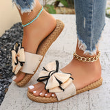 Xajzpa [Off-the-Shoulder Summer Sandals] Re Na Qian Qing Women's Summer Slide Sandals - Chic Off-the-Shoulder, Bowknot Design - Fabric Upper, Flat Heel, Open Toe, PU Sole, Handwash/Dry Clean