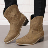 Women's V-cut Western Short Boots, Low Chunky Heel Pointed Toe Shoes, Solid Color Cowgirl Shoes