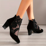 Women's Mesh Block Heel Boots, Fashion Floral Embroidered Back Zipper Heels, Versatile Dress Ankle Boots