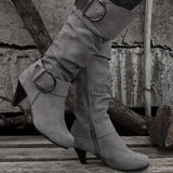 Women's Slouch Knee High Boots, Buckle Strap Side Zipper High Heeled Boots, Comfortable Suedette Long Boots