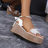 Xajzpa Chic Faux Pearl Wedge Sandals - Open Toe, Ankle Strap, Platform Heel in Solid Color