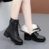 Xajzpa Female Ladies Women Genuine Leather Ankle Boots Platform Winter Antumn Plush Fur Warm Shoes Plus Size Lace Up 35-43