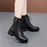Xajzpa Female Ladies Women Genuine Leather Ankle Boots Platform Winter Antumn Plush Fur Warm Shoes Plus Size Lace Up 35-43