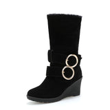 Xajzpa - High Heel Mid-Calf Boots Women Wedges Boots Ladies Buckle Shoes Woman Winter Shoes Flock Warm Boots Martin Snow Boots MAZIAO
