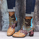 Xajzpa - Bohemian Female Martin Boots Women Casual Retro Ethnic Wind Printing High Heels Shoes New Woman Leather Short Ankle Booties