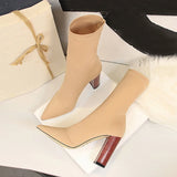 Xajzpa Size 42 43 Women Ankle Boots Square High Heels Pumps Fall Fashion Comfort Stretch Fabric Sock Boot Femme Party Dress Shoes