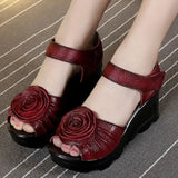 Xajzpa Ethnic Style Genuine Leather Women Shoes Sandals Wedges Sandals Handmade Genuine Leather Platform Women Sandal