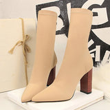 Xajzpa Size 42 43 Women Ankle Boots Square High Heels Pumps Fall Fashion Comfort Stretch Fabric Sock Boot Femme Party Dress Shoes