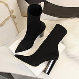 Xajzpa Size 42 43 Women Ankle Boots Square High Heels Pumps Fall Fashion Comfort Stretch Fabric Sock Boot Femme Party Dress Shoes