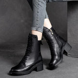 Xajzpa Cow Leather Quality Women Shoes Autumn Winter Square Med Heel Ankle Boots Lace Up Zipper Ladies Pumps Size 35-40