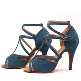 Xajzpa Denim Fabric Women Professional Latin Dance Shoes Salsa Ballroom Samba Dance Shoes Ladies High Heels Soft  Heel 5-10cm