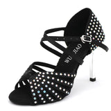 Xajzpa Satin Upper Rhinestones Sandals Dance Shoes Latin Ballroom Shoes Women Gold Heel 85mm Girls Dance Shoes Latin