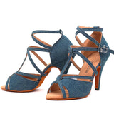 Xajzpa Denim Fabric Women Professional Latin Dance Shoes Salsa Ballroom Samba Dance Shoes Ladies High Heels Soft  Heel 5-10cm