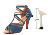 Xajzpa Denim Fabric Women Professional Latin Dance Shoes Salsa Ballroom Samba Dance Shoes Ladies High Heels Soft  Heel 5-10cm